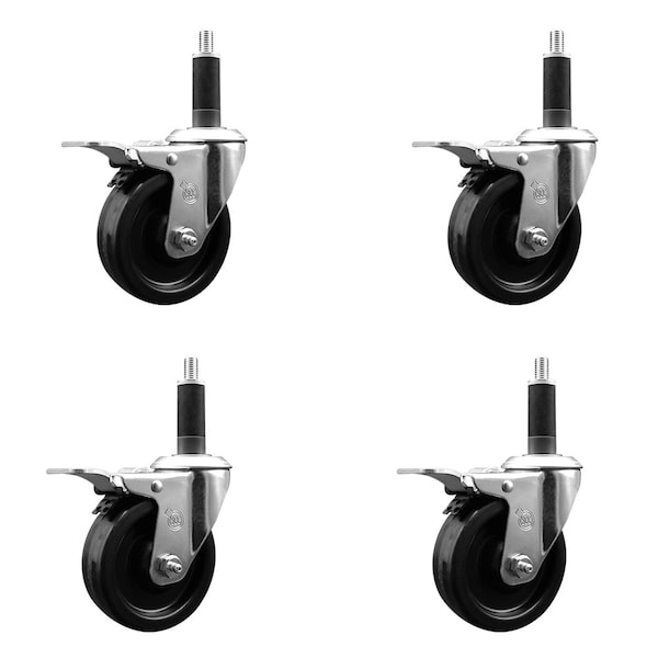 4'' SS Phenolic Swivel 1'' Expanding Stem Caster Set Total Lock Brake, 4PK